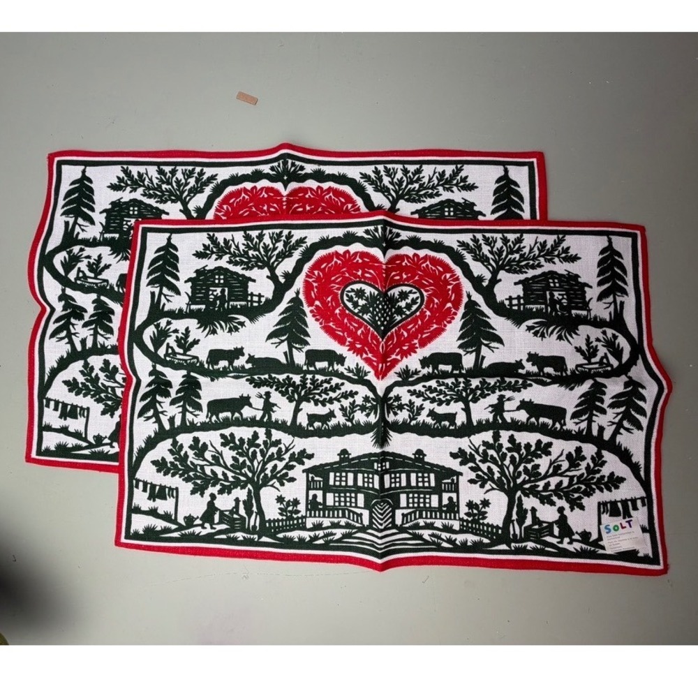 SOLT Vintage Swiss Handprinted Cotton Placemats Set of 2 Alpine Folk Art Heart